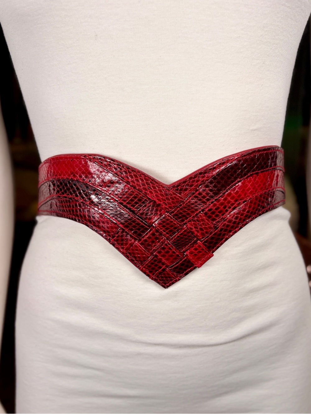 JLynch Red Snakeskin & Leather Woven V Front Cinch Belt, Sz S